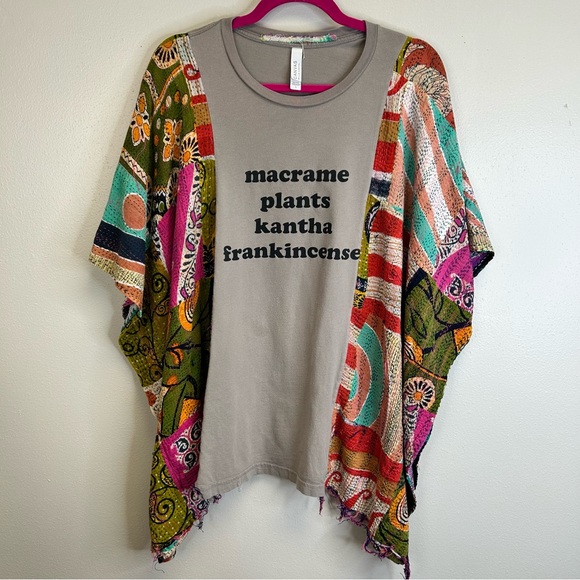 Hippie Boho Festival Short Sleeve Poncho Top Graphic Kantha Granola Girl Whimsy - Picture 3 of 16